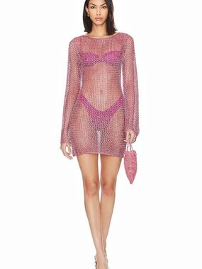 Superdown Pink Metallic Crochet Mesh Mini Dress Cover Up Size S